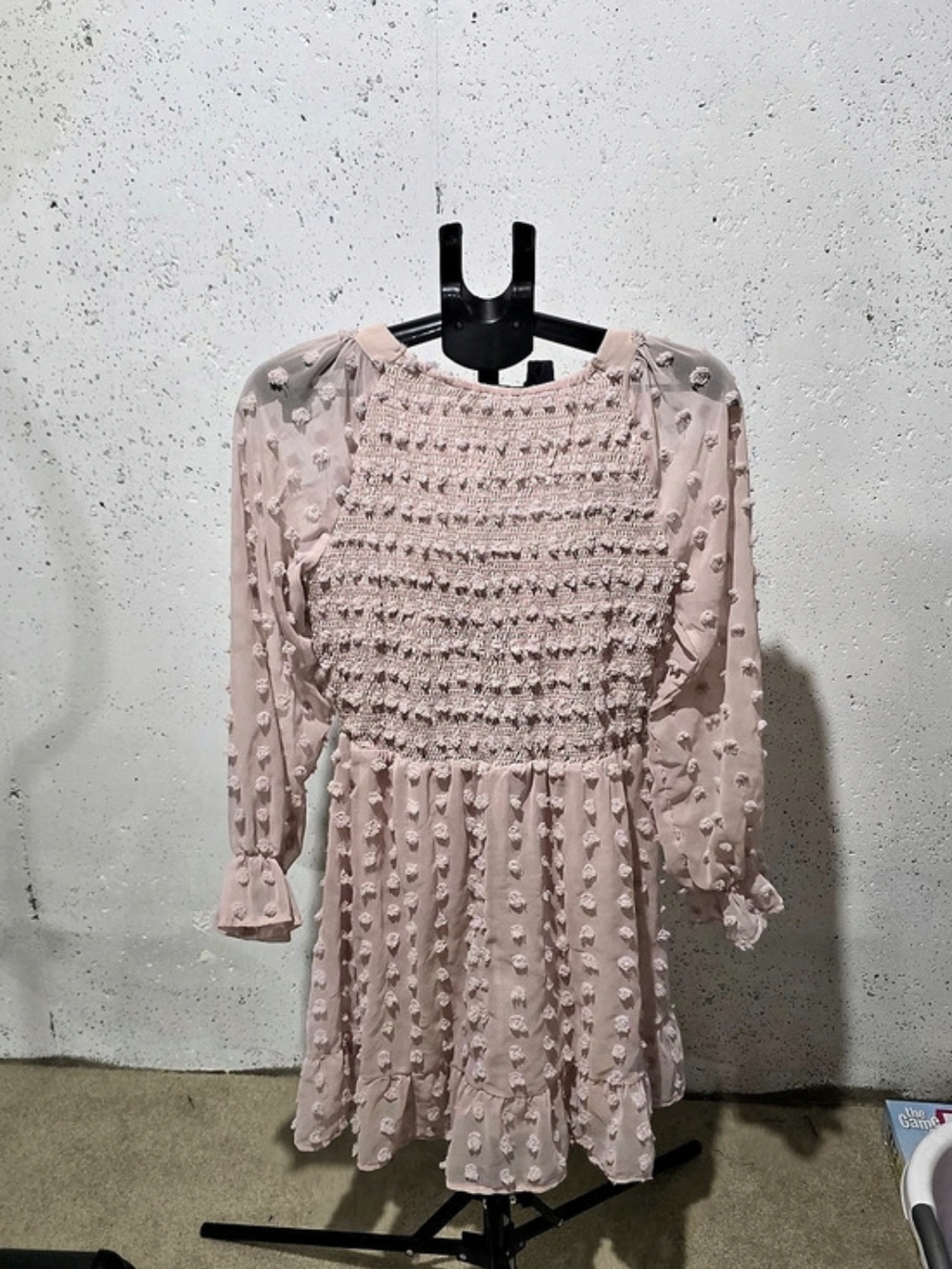 BTFBM Women Long Sleeve V-Neck Smocked Swiss Dot Ruffle Mini Dress Pink Large